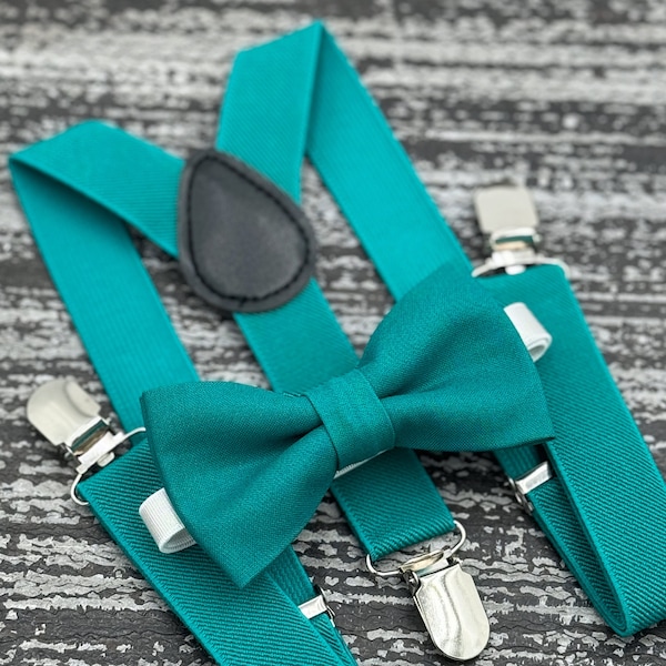 Teal bow tie & Suspenders , Ring Bearer boy's gift  , Groomsmen Wedding outfit , Men's pocket square , Cake Smash outfit