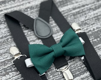 Pine Green bow tie & Black Suspenders , Groom Braces , Ring Bearer boy's gift , Men's Pocket Square , wedding Groomsmen outfit