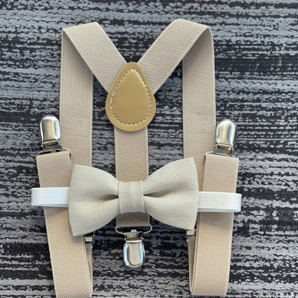 Linen Tan bow tie & Champagne Suspenders , Ring Bearer boy's gift  , Ivory Groomsmen outfit , Men's wedding set , Rustic Cake Smash outfit