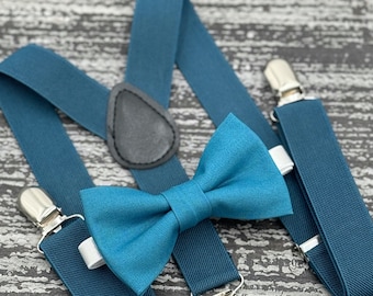 Teal Blue bow tie & Ink Suspenders , Teal Blue Braces , Ring Bearer boy's gift , Groomsmen wedding outfit , Men's Pocket Square