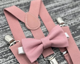 Dusty Rose bow tie & Suspenders , Ring Bearer boy's gift  , Men's Pocket Square , Groomsmen Wedding outfit , Mauve Cake Smash outfit