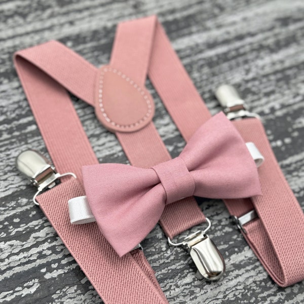 Dusty Rose bow tie & Suspenders , Ring Bearer boy's gift  , Men's Pocket Square , Groomsmen Wedding outfit , Mauve Cake Smash outfit