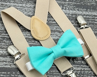 Spa Blue bow tie & Champagne Tan suspenders , Khaki Braces , Ring Bearer boy's gift , Groomsmen Wedding outfit , Men's pocket square