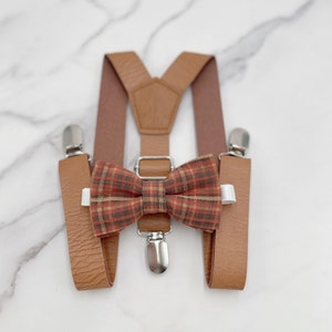 Rustic Plaid Bow Tie & Suspenders, Vegan Leather Suspenders, Cinnamon Bowtie Groomsman Outfit, Ring Bearer outfit
