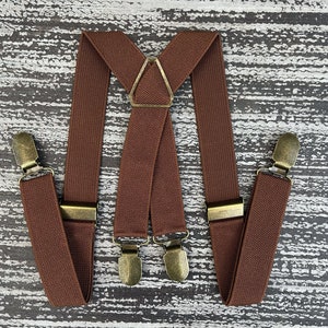 Rustic Brown suspenders , Adjustable x - Back Suspenders with brass clips  , Kids Baby Boy Ring Bearer Men's Groom Best Man Wedding outfit