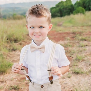 Biscotti Bow Tie & Striped Suspenders – All Sizes Baby to Adult, Frost Tan Bow, Ring Bearer Outfit, Groomsman Gift, Rustic Wedding