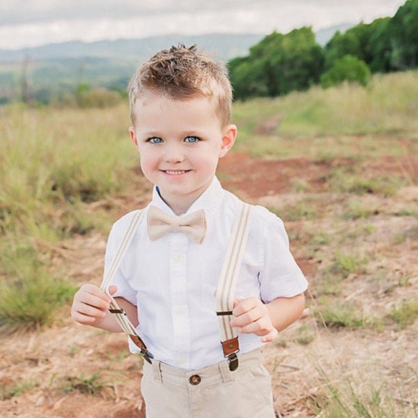 Biscotti Tan bow tie & Beige ivory Striped suspenders , Rustic Ring Bearer gift ,  Men's pocket square , Boy's x - back braces