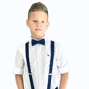 Navy Blue bow tie & Suspenders , Ring Bearer boy's gift , Groomsmen Navy outfit , Men's Pocket Square , Marine wedding set image 5