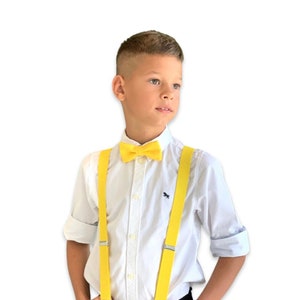 Yellow bow tie & Suspenders , Ring Bearer boy's gift , Men's pocket square , Groomsmen Wedding outfit , Cake Smash outfit , costume image 3