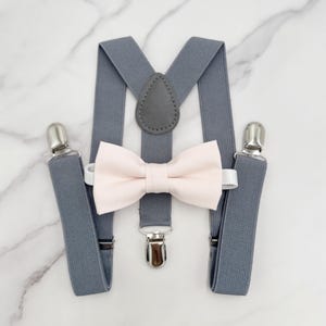 Blushing Bow tie & Suspenders, Gray Braces, Pale Blush Bow Tie, Pocket Square, Ring Bearer Outfit, Boho Rustic Wedding Outfit