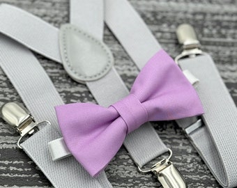 Wisteria Purple bow tie & Light Gray Suspenders , Ring Bearer boy's gift , Groomsmen Wedding outfit , Men's pocket square