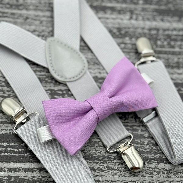 Wisteria Purple bow tie & Light Gray Suspenders , Ring Bearer boy's gift , Groomsmen Wedding outfit , Men's pocket square