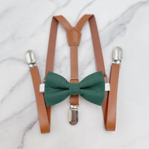 Dark Eucalyptus Bow Tie & Suspenders | Groomsman Suspenders | Skinny Cognac Suspenders | Vegan Leather | Ring Bearer outfit | Rustic Wedding
