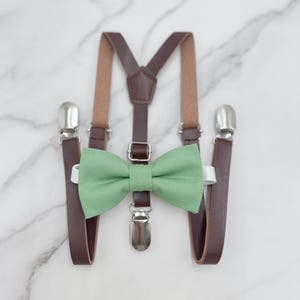Matcha Bow Tie & Suspenders, Skinny Dark Brown Suspenders, Sage Meadow Bow Tie, Vegan Leather Braces, Ring Bearer outfit, Rustic Wedding