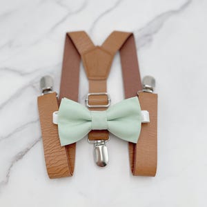 Dusty Sage Bow Tie & Suspenders, Vegan Leather Suspenders, Groomsman Outfit, Pocket Square, Ring Bearer outfit