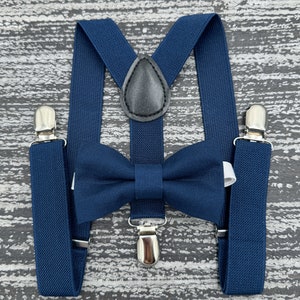 Navy Blue bow tie & Suspenders , Ring Bearer boy's gift , Groomsmen Navy outfit , Men's Pocket Square , Marine wedding set image 2