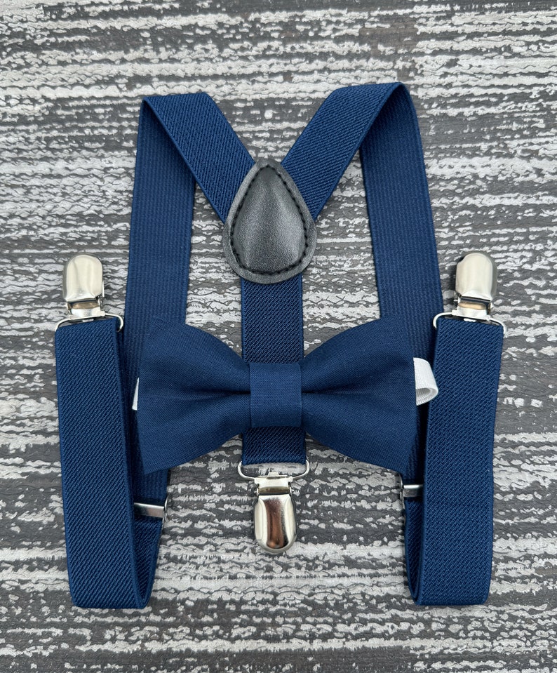 Navy Blue bow tie & Suspenders , Ring Bearer boy's gift , Groomsmen Navy outfit , Men's Pocket Square , Marine wedding set image 2