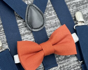 Paprika Sienna bow tie & Navy Blue Suspenders , Ring Bearer boy's gift , Groomsmen Wedding outfit , Men's Pocket Square