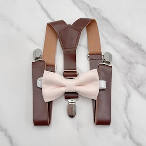 Blushing Pink Bow Tie & Leather Suspenders - Baby to Adult Sizes, Ring Bearer Outfit, Groomsman Gift, Rustic Wedding, Cotton Pocket Square