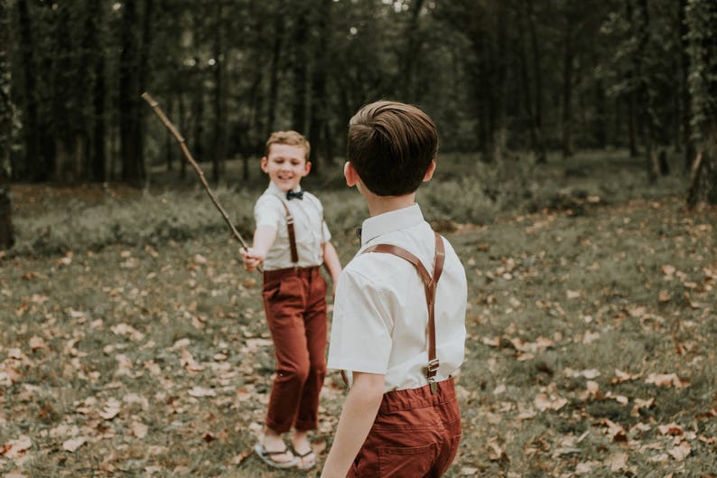 Leather Suspenders , Mens Brown Braces , Cognac Boy's Suspenders , Groomsmen Ring Bearer outfit , Rustic Wedding gift image 8