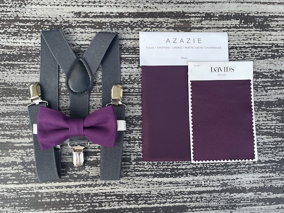 dark purple bow tie and suspenders
