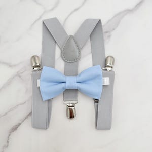Ice blue Bow tie & Suspenders, Light Gray Braces, Pocket Square, Ring Bearer Outfit, Boho Wedding, Rustic Wedding Outfit