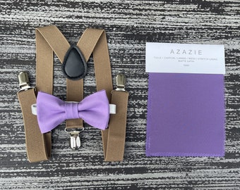 Tahiti Purple bow tie and Taupe suspenders , Ring Bearer Groom best Man outfit , Kids Baby boy gift set , Mens wedding accessories