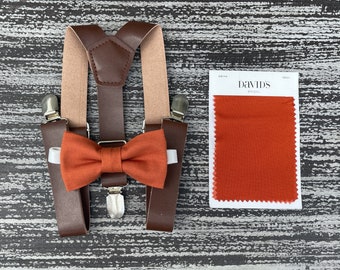 Sienna Bow Tie & Rustic Vegan leather Dark Brown Suspenders , Kids Baby Boy Ring Bearer Men's Groom Best man wedding outfit set