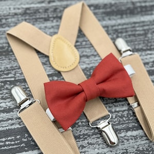 Cinnamon Terracotta bow tie & Beige Khaki suspenders , Ring Bearer boy&#39;s gift , Groomsmen Wedding outfit , Men&#39;s pocket square