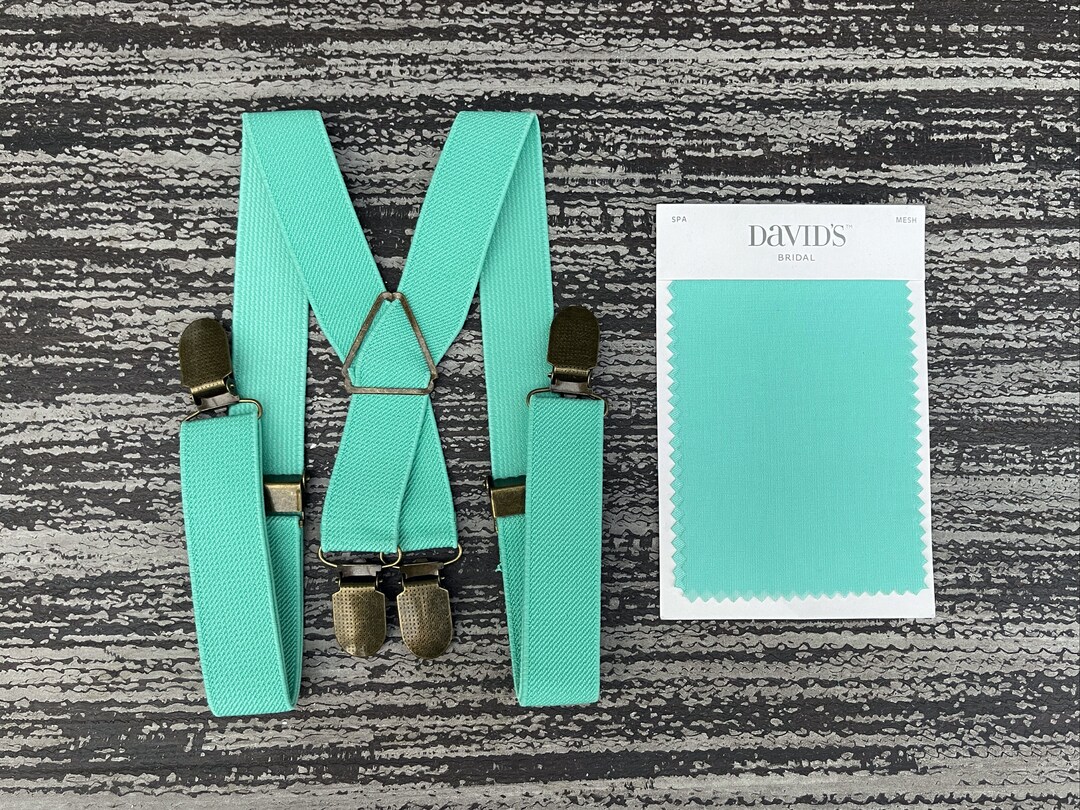 Mint Green Suspenders , Adjustable X Back Spa Suspenders With Brass Clips , Kids Baby Boy Ring