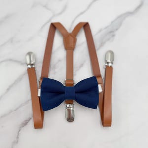Navy Bow Tie & Suspenders | Marine Bow Tie | Skinny Cognac Suspenders | Vegan Leather | Ring Bearer outfit | Rustic Wedding Braces