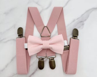Blush Bow tie & Suspenders, Dusty Pink X - Back Braces, Petal Bow, Pocket Square, Ring Bearer Outfit, Boho Rustic Wedding Outfit