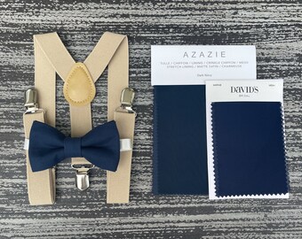 Navy Blue bow tie and Champagne Tan suspenders , Ring Bearer Groom best Man outfit , Kids Baby boy gift set , Mens wedding accessories