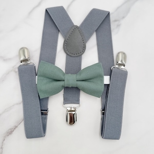 Eucalyptus Bowtie & Suspenders, Gray Braces, Pocket Square, Ring Bearer Outfit, Boho Rustic Wedding Outfit, Groomsmen Gift