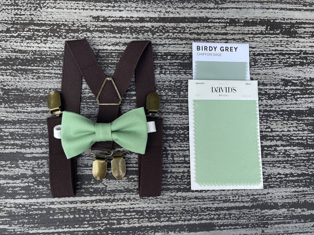Sage Green Cotton Bow Tie & Brown Elastic Suspenders Set – Handmade In Australia For Men & Boys