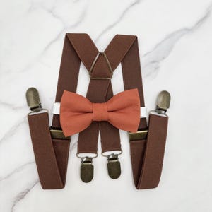 Paprika Bow tie & Suspenders, X - Back Brown Braces, Terracotta Bow, Pocket Square, Ring Bearer Outfit, Boho Wedding, Rustic Wedding Outfit