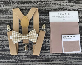Taupe Plaid bow tie and Beige Khaki suspenders , Ring Bearer Groom best Man set , Kids Baby boy gift , Mens wedding accessories