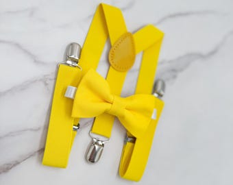 Yellow Bow Tie & Suspenders – All Sizes Baby to Adult, Ring Bearer Outfit, Groomsman Gift, Rustic Wedding