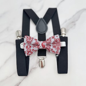 Christmas Bow tie & Suspenders | Black Braces | Dusty Blue Bow Tie | Snowflakes Bow | Ring Bearer Outfit | Boho Rustic Wedding Gift