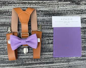Tahiti  Purple Bow Tie & Vegan leather Rust Brown Suspenders , Kids Baby Boy Ring Bearer Men's Groom Best man wedding outfit set