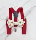 Christmas Tree Bowtie & Suspenders , Linen Holiday Bowtie , Red Braces , Christmas Photo Prop , Christmas Costume