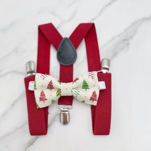 Christmas Tree Bowtie & Suspenders , Linen Holiday Bowtie , Red Braces , Christmas Photo Prop , Christmas Costume