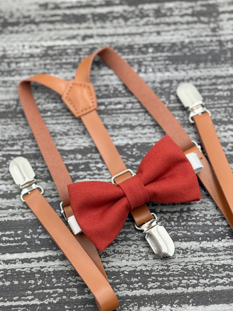 Cinnamon Terracotta bow tie & Skinny Leather Rust Brown Suspenders , Ring Bearer boy's gift , Groomsmen Wedding outfit , Mens pocket square image 1