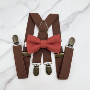 Terracotta Bow tie & Suspenders, Cinnamon Bow, X - Back Brown Braces, Pocket Square, Ring Bearer Outfit, Boho Wedding, Rustic Wedding Outfit