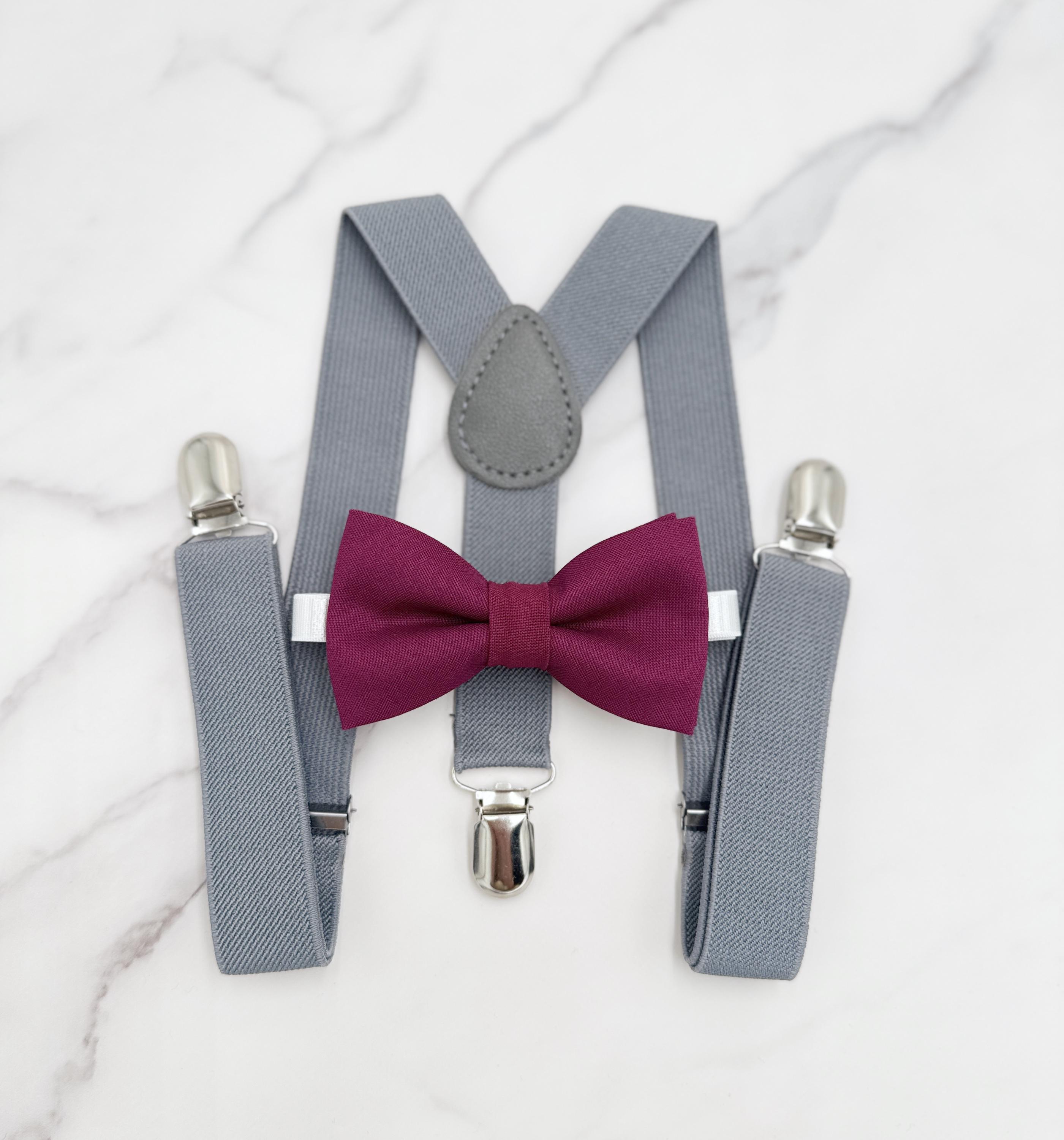 Sangria Bow tie & Suspenders, Gray Braces, Crimson Maroon Bow Tie, Pocket Square, Ring Bearer Outfit, Boho Rustic Wedding Outfit