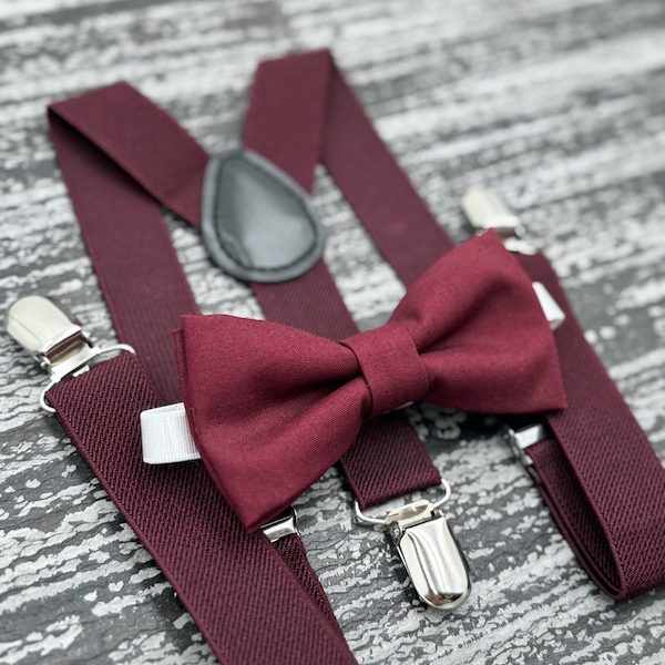 Cabernet Wine bow tie & Suspenders , Ring Bearer boy's gift , Cabernet Groomsmen outfit , Men's pocket square ,  Wedding outfit