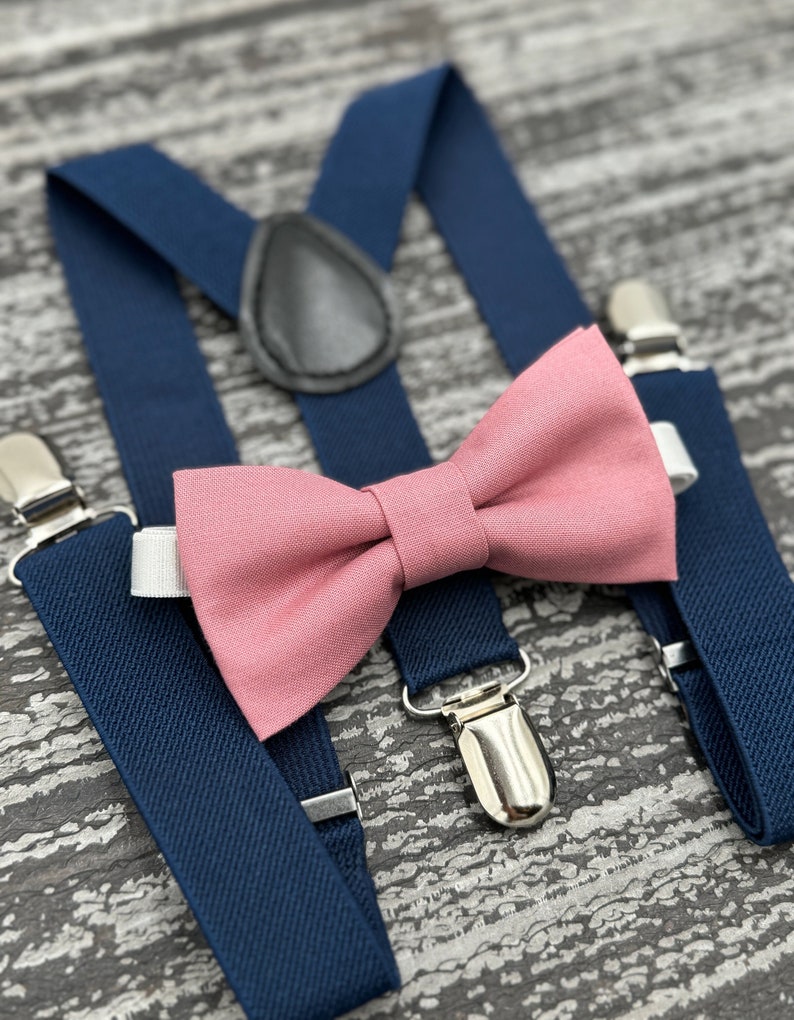 Dusty Rose bow tie & Navy Blue Suspenders , Ring Bearer boy's gift , Groomsmen Wedding outfit , Men's pocket square , Cake Smash outfit image 1