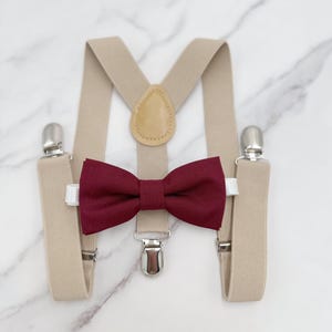 Cabernet Bowtie & Champagne Suspenders | Pocket Square | Ring Bearer Outfit | Boho Rustic Wedding Outfit | Wine Bow Tie