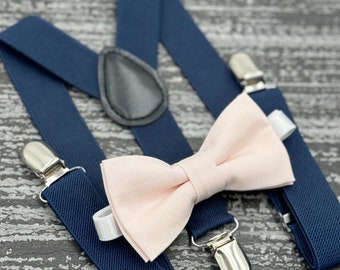 Blushing  Pink bow tie & Navy Blue Suspenders , Marine Braces , Ring Bearer boy's gift , Groomsmen Wedding Outfit , Men's pocket square