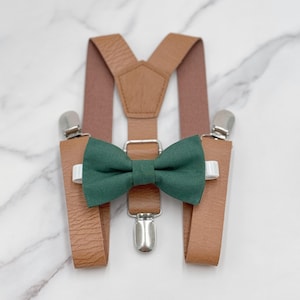 Dark Eucalyptus Bow Tie & Suspenders | Vegan Leather Suspenders  | Groomsman Outfit | Pocket Square | Ring Bearer outfit